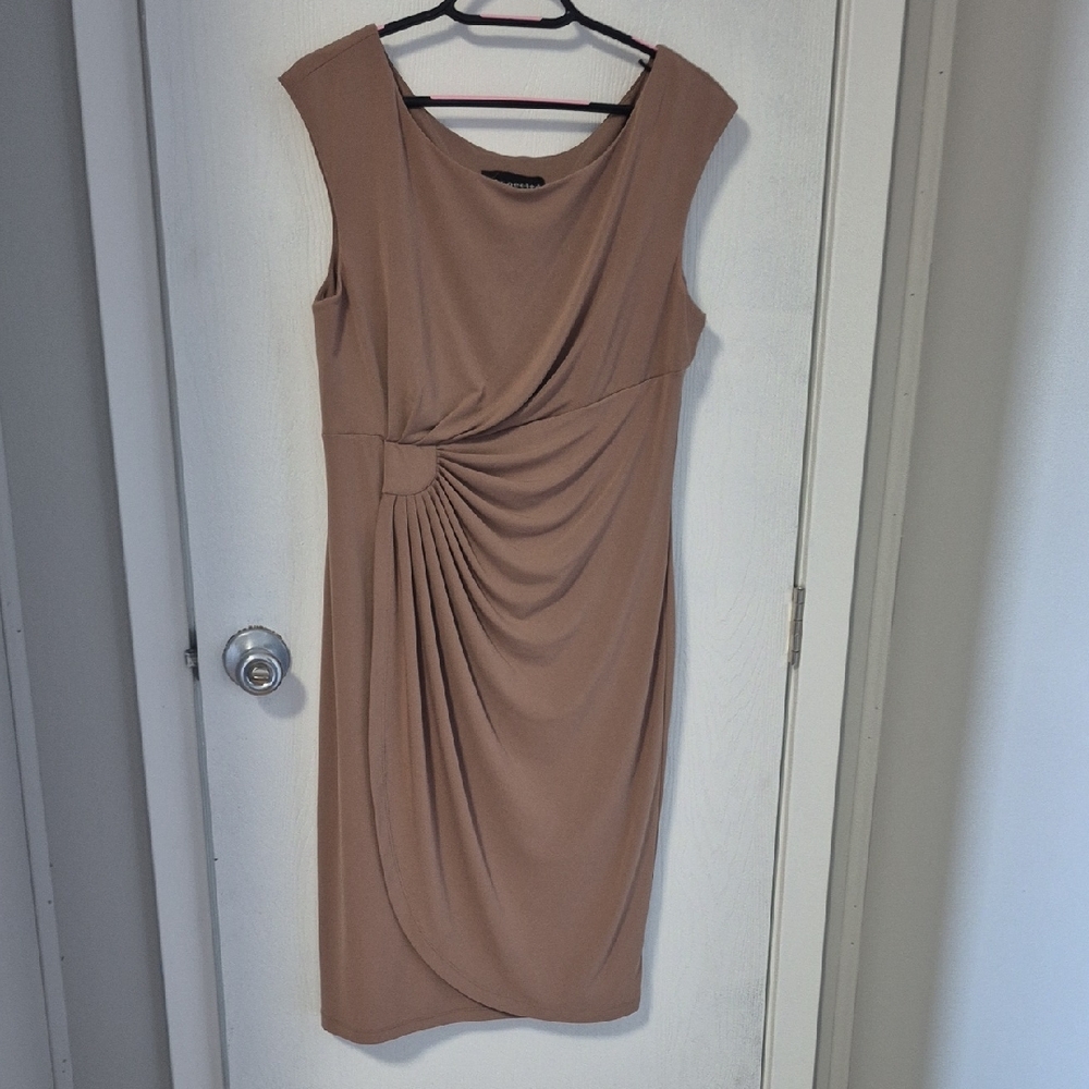 Connected Apparel Tan Draped Midi Dress